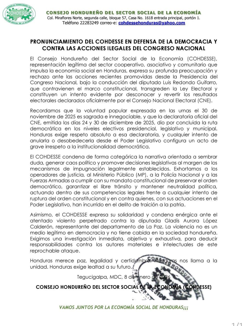 Pronunciamiento COHDESSE