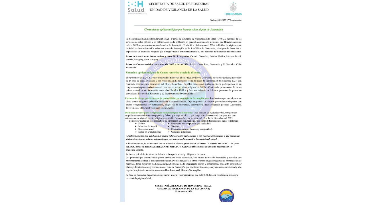 SESAL descarta casos de sarampi&oacute;n y llama a reforzar vacunaci&oacute;n