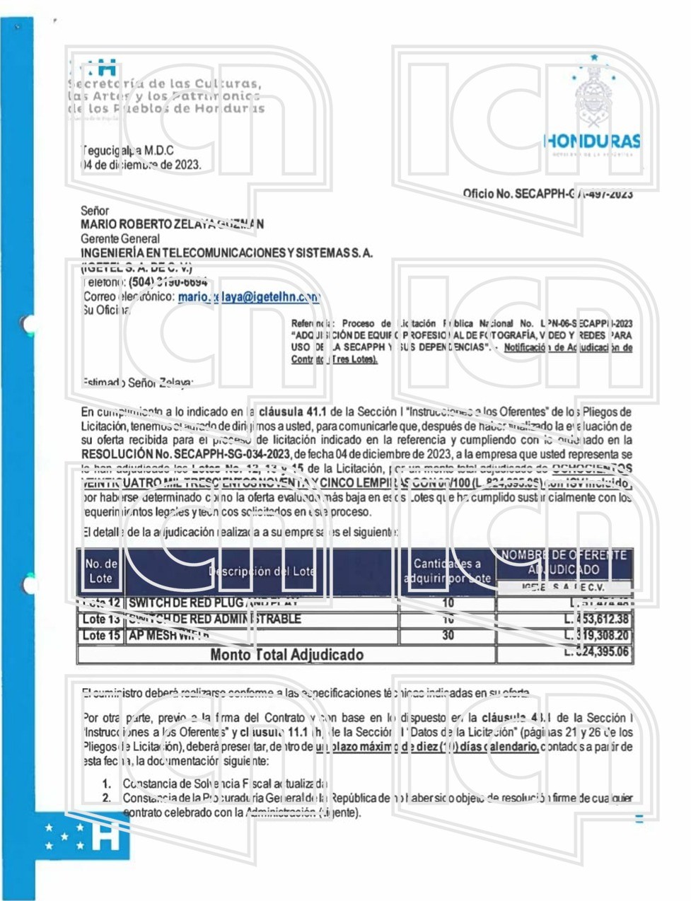 Adjudicación de los lotes 12,13 y 15 por parte de la Secretaría de Cultura, Arte y Patrimonios